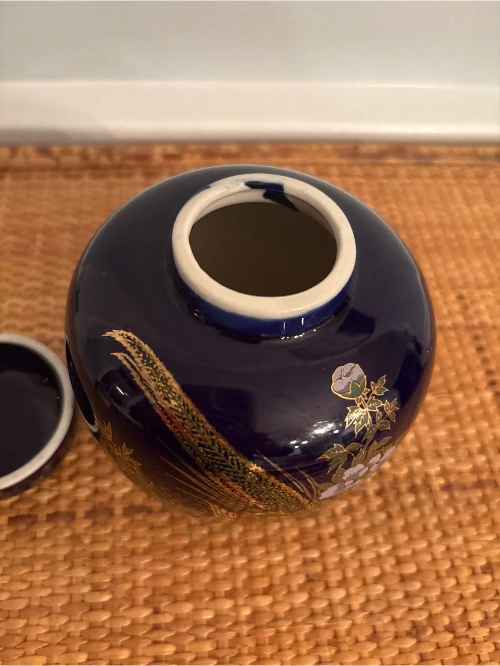 Vintage Cobalt Blue Ginger Jar with Pheasant & Floral Motif, Made in Taiwan 5.5